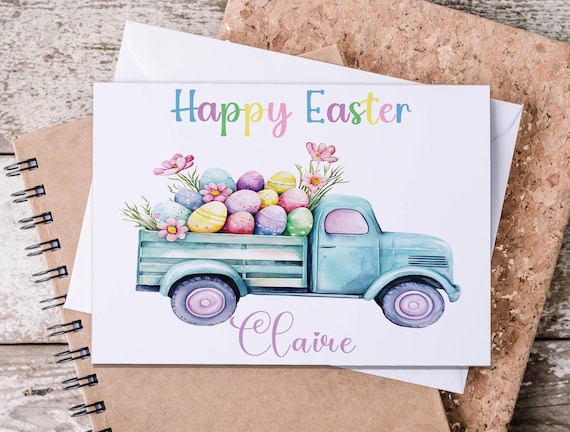 Cute Easter Card, Vintage Truck with Easter Eggs, Personalized Happy Easter, Greeting Card, Kids Easter Card, Happy Easter Card, GC22