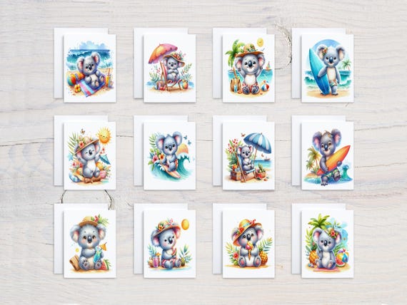 Cute Summer Koalas Assorted Notecards, Card Assortment, Koala Bear Variety Pack, Blank Notecard Set, Greeting Cards, Thankyou Card, CS187