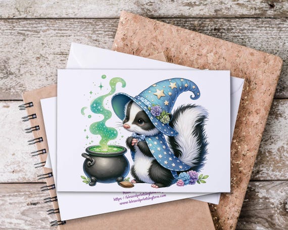 Kawaii Skunk Witch Notecard Set, Everyday Notecards, Blank Wildlife Card, All Occasion Cards, Snail Mail, Summerween, Bulk Cards, HN74