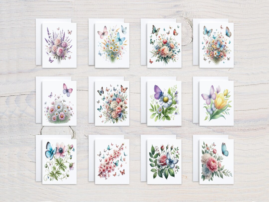 Assorted Notecard Set, Watercolor Flower Cards, Butterfly Note Cards ...