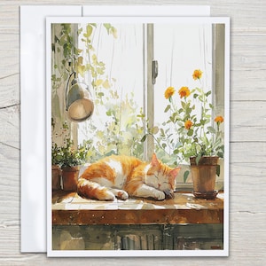 May include: Watercolor illustration of a sleeping orange and white cat on a wooden surface. The cat is in front of a window with plants and flowers in pots. A hanging lamp is visible.