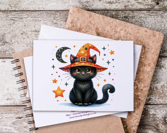 Kawaii Halloween Black Cat Notecard Set: Snail Mail Stationery