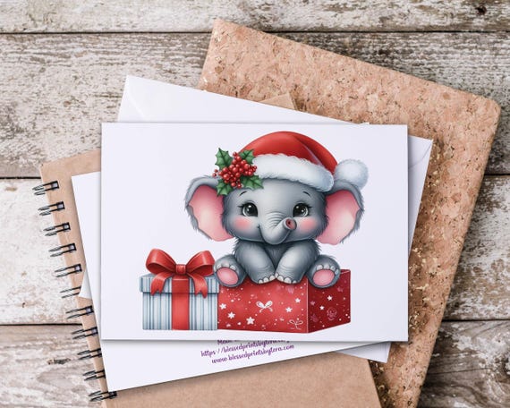 Kawaii Elephant Christmas Notecard Set, Holiday Thank You, Winter Greeting Card, Christmas Stationary, Cute Elephant, Kawaii Stationary