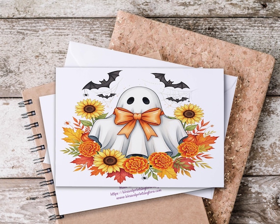 Cute Ghost Fall Notecards, Fall Note Cards, Watercolor Halloween, Blank Notecards, Fall Stationary, Notecard Set, Cute Halloween Cards, HN25