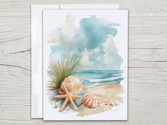 Cute Watercolor Ocean Notecards Set, Everyday Card, Snail Mail, Miss You Card, Blank Notecard, Beach Birthday Card, Thankyou Card, EC275