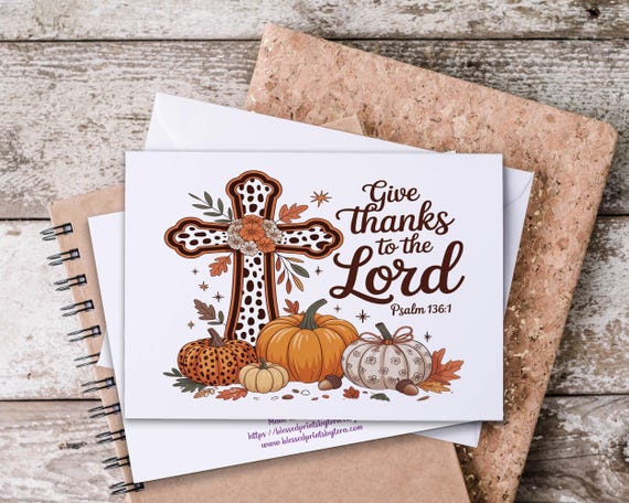 Christian Notecards Featuring Watercolor Cross & Pumpkins, Give Thanks, Christian Stationary, Fall Thank You, Psalm 136, Autumn, EC418