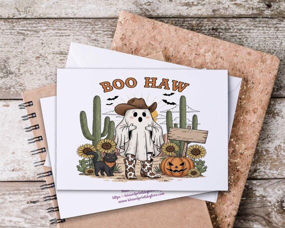 Cute Western Ghost Notecards, Boo Haw Halloween Card, Cowgirl Halloween, Cowboy Ghost Notecard Set, All Occasion Cards, Blank Notecard, HN21