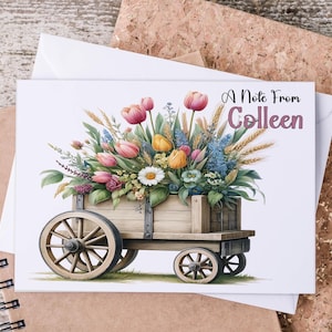 Personalized Note Cards & Envelope | Floral Stationary | Rustic Cart with Wildflowers | Custom Gift, Teacher Thank You, Handmade Cute Set