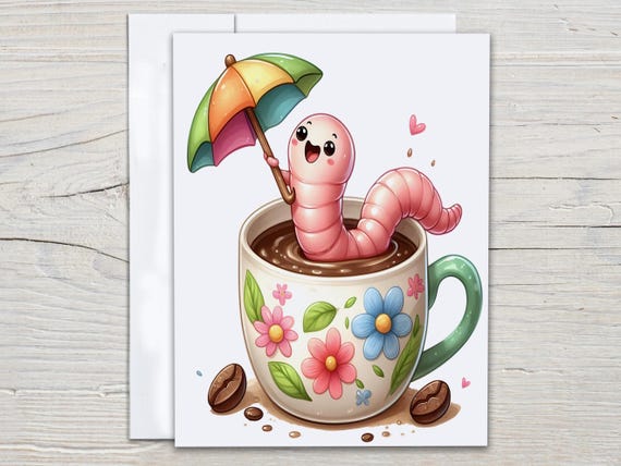 Kawaii Worm in Teacup Card Set, Everyday Card, Blank Notecards, Snail Mail, Just Because Card, Cute Stationary, Greeting Cards, EC62