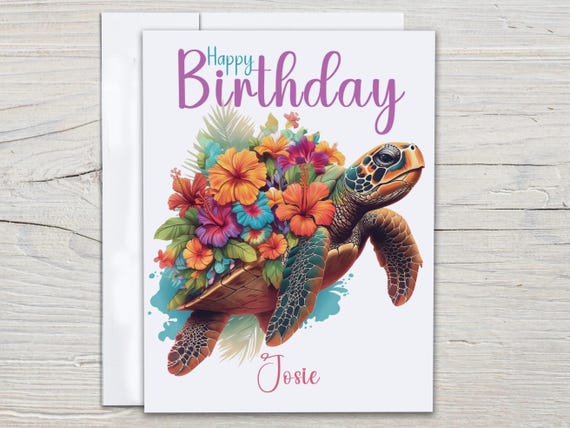 Personalized Cute Turtle Birthday Card, Watercolor Floral Design, Bday Card For Friend, Simple Birthday Card, Birthday Card Flower, BC130