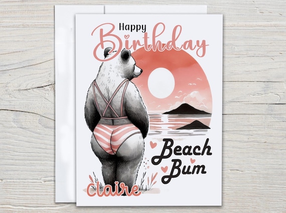 Personalized Cute Bear Birthday Card, Beach Birthday Card, Funny Pun Card, Bestie Birthday Card, Watercolor Bday Card, Pretty Card, BC143
