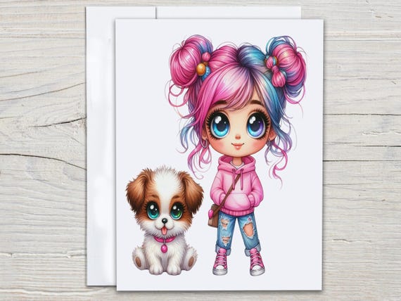 Cute Quirky Girl and Dog Notecard Set, Everyday Card, Kawaii Stationery, Snail Mail, Blank Notecards, Quirky Stationery, Thank You, EC167