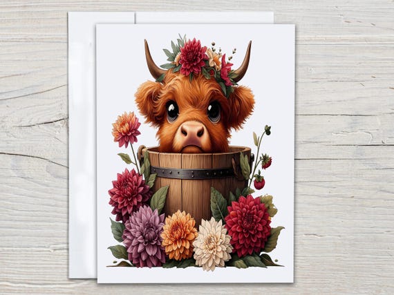 Highland Cow Notecard Set, Floral Cow Card, Everyday Card, Blank Notecard, All Occasion Cards, Cute Gift, Thank You, Birthday Pack, EC308