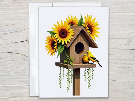 Sunflower Stationary Set with Cute Birds, Birthday Card Pack, Thinking of You, Artistic Cards, Notecard Set, Blank Everyday Card, EC98