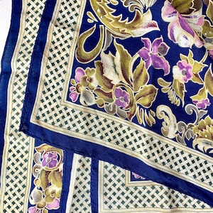 Vintage Japanese Silk Scarf: Navy Floral Paisley Boho Headscarf