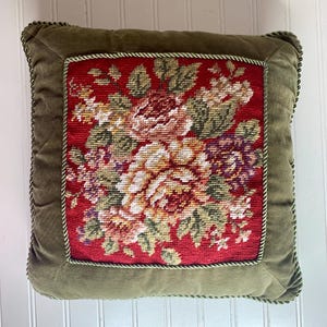 Vintage Floral Needlepoint Pillow: Olive Velvet Border, Cottagecore Decor