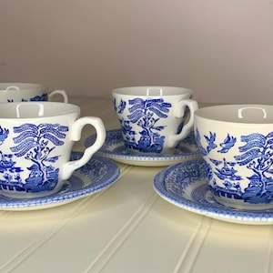 Blue Willow Cup and Saucer Sets (Set of 4) - Vintage English Transferware
