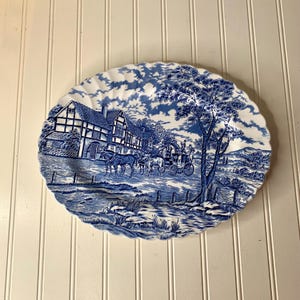 Vintage Royal Mail Ironstone Platter: Blue & White Coaching Scene, Staffordshire England