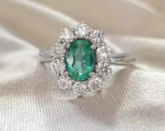 オーバルエメラルドエンゲージリング、モアッサナイトダイヤモンド、925スターリングシルバー、結婚指輪、ハローリング、5月の誕生石、アニバーサリーリング