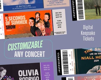 Może przedstawiać: Kolekcja prostokątnych cyfrowych biletów pamiątkowych na koncerty różnych artystów, w tym 5 Seconds of Summer, Niall Horan i Olivia Rodrigo. Każdy bilet zawiera kod kreskowy, informacje o miejscu, datę, godzinę oraz szczegóły dotyczące miejsca.