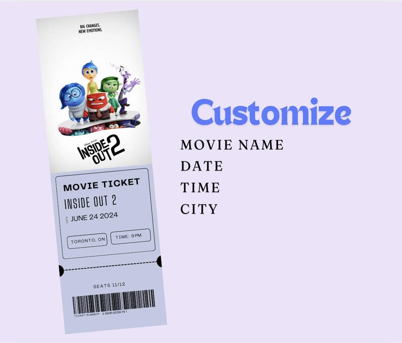 May include: A movie ticket for Inside Out 2, showing the date June 24, 2024, time 9pm, and location Toronto, ON. The ticket has a barcode and the text "Seats 11/12".