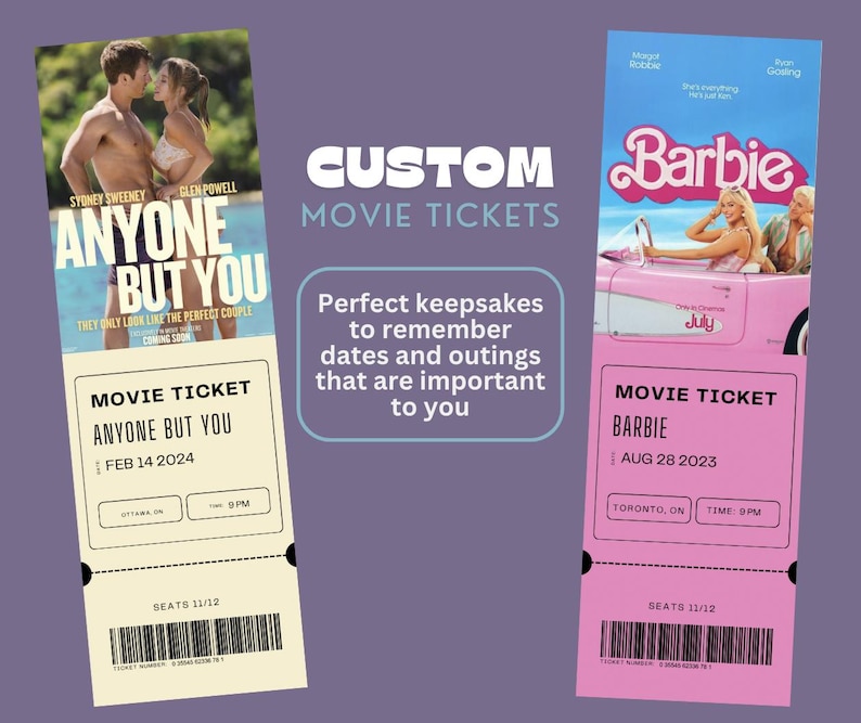 May include: Two custom movie ticket stubs, one for the film "Anyone But You" with a release date of 14 February 2024, and the other for the film "Barbie" with a release date of 28 August 2023. The tickets are pink and yellow with black text.