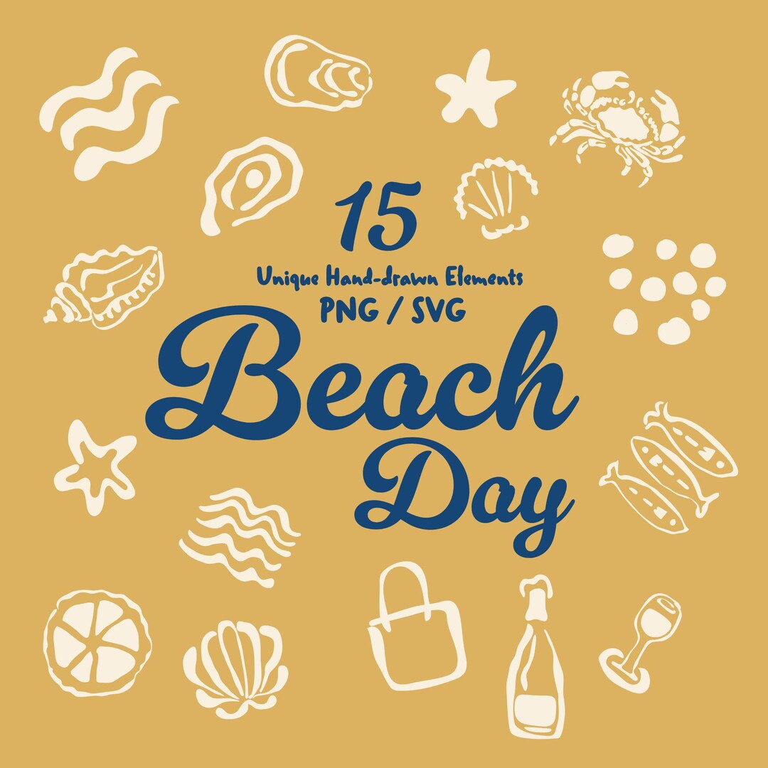 Beach Day Clipart Set 5 With 15 Hand Drawn Coastal Icons in SVG and PNG ...