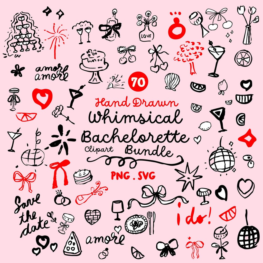 70 Clipart Whimsical Bachelorette Bundle Hand Drawn Wedding Icons in ...