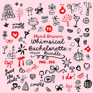 70 Clipart Whimsical Bachelorette Bundle Hand Drawn Wedding Icons in SVG and PNG Great Bridal Clipart for Canva Projects and Invitations