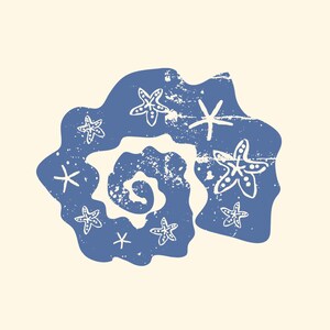 Könnte beinhalten: Blaue, abstrakte Illustration mit einer spiralförmigen Form und weißen Seestern-Designs. Das Design hat ein abgenutztes, strukturiertes Aussehen, mit weißen Sprenkeln auf dem blauen Hintergrund. Das Gesamtthema ist nautisch.