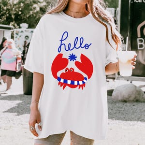 Hello Crab PNG | Playful French Beach Clipart with Red Crab | Cute Nautical Sublimation Design for Shirts, Totes & Summer POD Projects