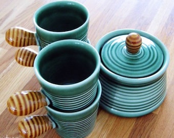 70s Set of 4 Green Ceramic Little Egg Cups and Bowl With Lid Steuler Hartsteingut