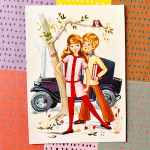 Ongebruikte vintage ansichtkaart jaren '70 jongen en meisje schattig stel