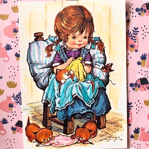 Ongebruikte Vintage Ansichtkaart jaren 70 Meisje en Kittens