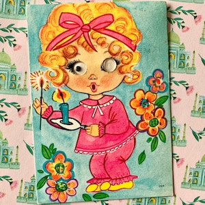 Gebruikte Vintage Googly Eyed Cute Girl In Pyjama's Postcard
