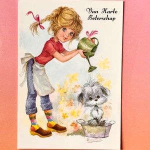 Ongebruikte Vintage Ansichtkaart jaren 70 Get Well Soon Meisje met Puppy