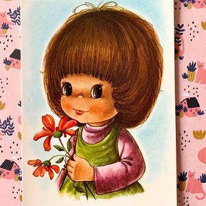Unused Big Eye Girl Postcard 70s Flowers