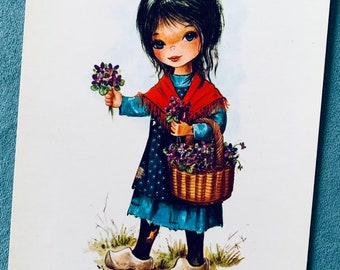 Unused Vintage Cute Girl with Flower Basket Postcard 70s