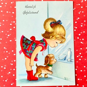 Vintage gebruikte ansichtkaart door di Rosa Meisje met puppy