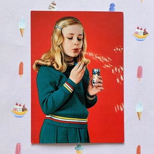Vintage Postcard 70s Girl Blowing Bubbles Cute Outfit