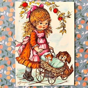 Unused Vintage Cute Girl with Kitten and Puppy Postcard 70s