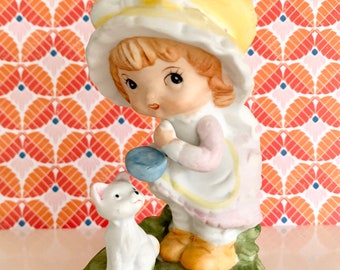 figurine en céramique fille et chaton vintage des années 70