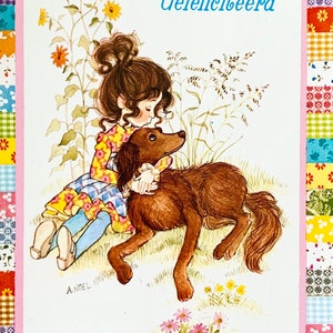 Vintage ongebruikte ansichtkaart jaren 70 Happy Birthday Meisje en hond