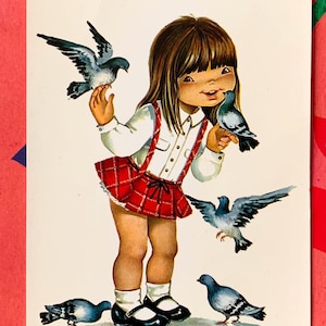 Ongebruikte vintage ansichtkaart schattig meisje met duiven door Constanza, Spanje 70s 7071