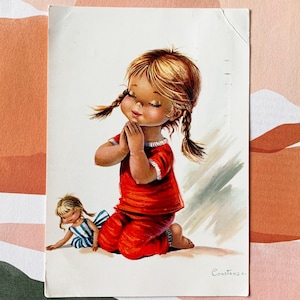 Used Vintage Postcard Cute Girl Praying  by Constanza Spain 60s Doll Pigtails