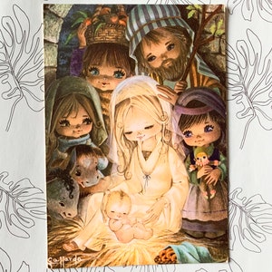 Gebruikte Large Vintage jaren '70 Kerstgroetkaart Gallarda Big Eye Josef Mary Jesus Christmas