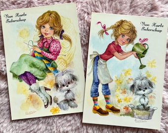 Vintage Set of 2 Unused Get Well Soon Postcards by Alouso Illustrations Girl Puppy
