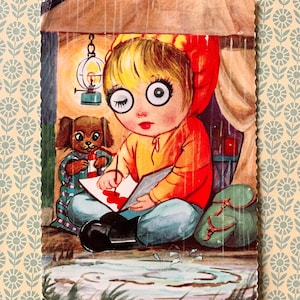 Used Vintage Postcard Googly Eyed Girl Painting Coloring Puppy