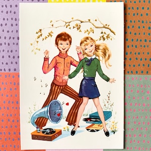 Ongebruikte vintage ansichtkaart jaren '70 jongen y meisje dansen