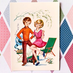 Ongebruikte Vintage Dancing Boy y Girl Postal